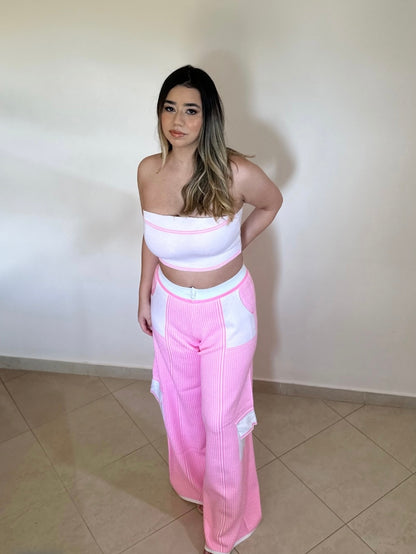 Conjunto calça e top rosa com branco